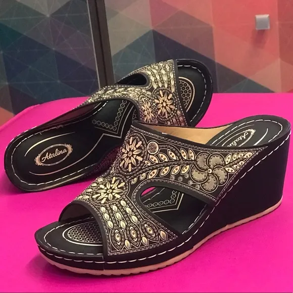 New! Italina Tan Brown Floral Embroidered Peep Toe Wedge Mule Sandals