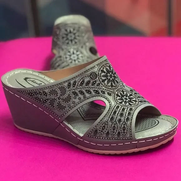 New! Italina Tan Brown Floral Embroidered Peep Toe Wedge Mule Sandals