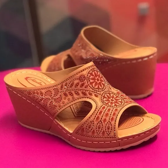 New! Italina Tan Brown Floral Embroidered Peep Toe Wedge Mule Sandals