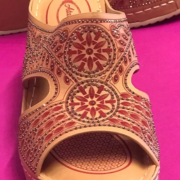 New! Italina Tan Brown Floral Embroidered Peep Toe Wedge Mule Sandals