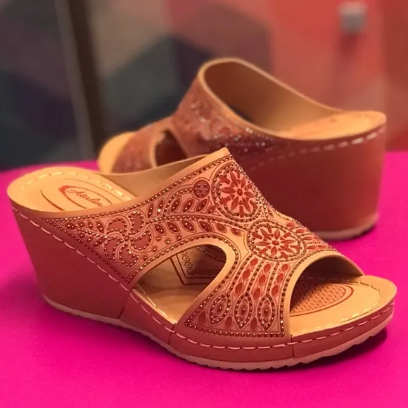 New! Italina Tan Brown Floral Embroidered Peep Toe Wedge Mule Sandals