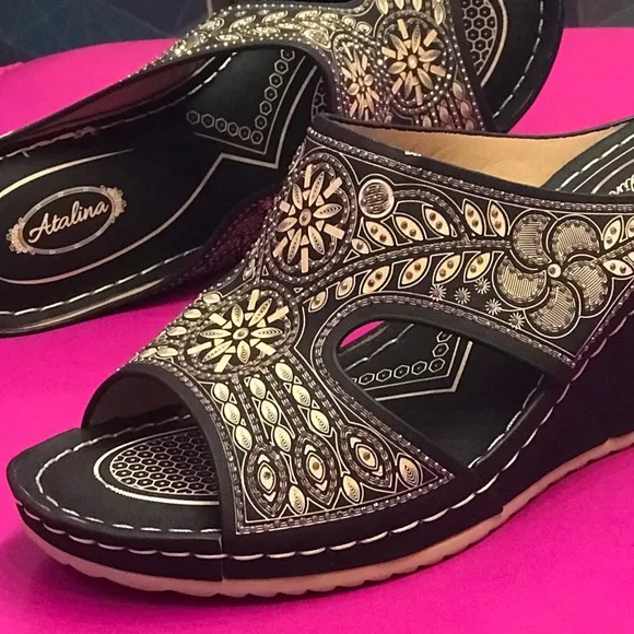 New! Italina Tan Brown Floral Embroidered Peep Toe Wedge Mule Sandals