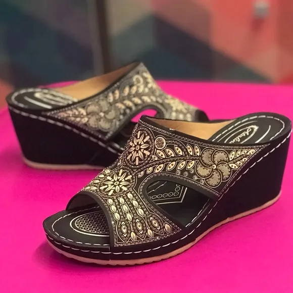 New! Italina Tan Brown Floral Embroidered Peep Toe Wedge Mule Sandals