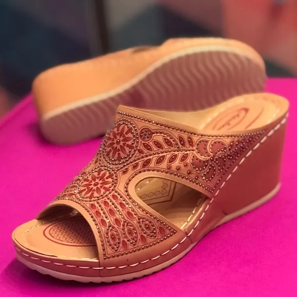 New! Italina Tan Brown Floral Embroidered Peep Toe Wedge Mule Sandals