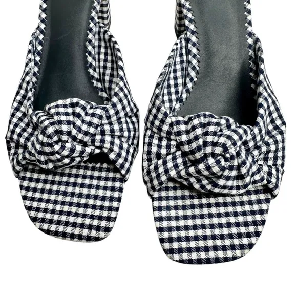 New J Crew Knotted Block Heel Sandals SZ 6.5 Shoes Navy Blue &amp; White Gingham