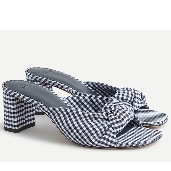 New J Crew Knotted Block Heel Sandals SZ 6.5 Shoes Navy Blue &amp; White Gingham