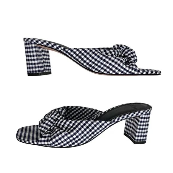 New J Crew Knotted Block Heel Sandals SZ 6.5 Shoes Navy Blue &amp; White Gingham