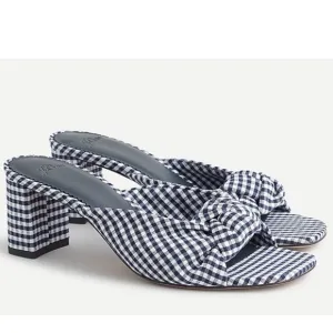 New J Crew Knotted Block Heel Sandals SZ 6.5 Shoes Navy Blue &amp; White Gingham