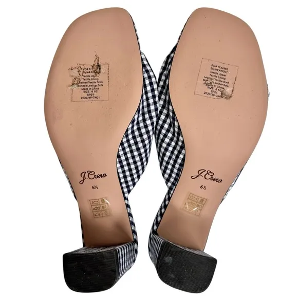 New J Crew Knotted Block Heel Sandals SZ 6.5 Shoes Navy Blue &amp; White Gingham