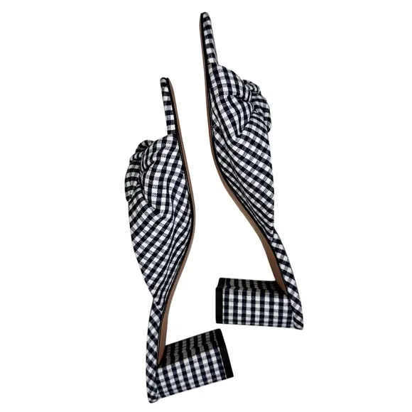 New J Crew Knotted Block Heel Sandals SZ 6.5 Shoes Navy Blue &amp; White Gingham