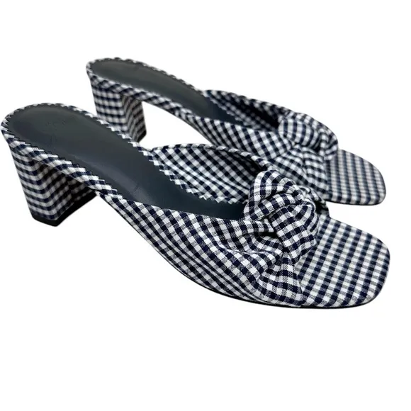 New J Crew Knotted Block Heel Sandals SZ 6.5 Shoes Navy Blue &amp; White Gingham