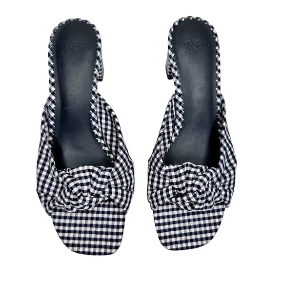 New J Crew Knotted Block Heel Sandals SZ 6.5 Shoes Navy Blue &amp; White Gingham