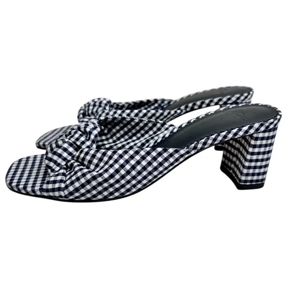 New J Crew Knotted Block Heel Sandals SZ 6.5 Shoes Navy Blue &amp; White Gingham