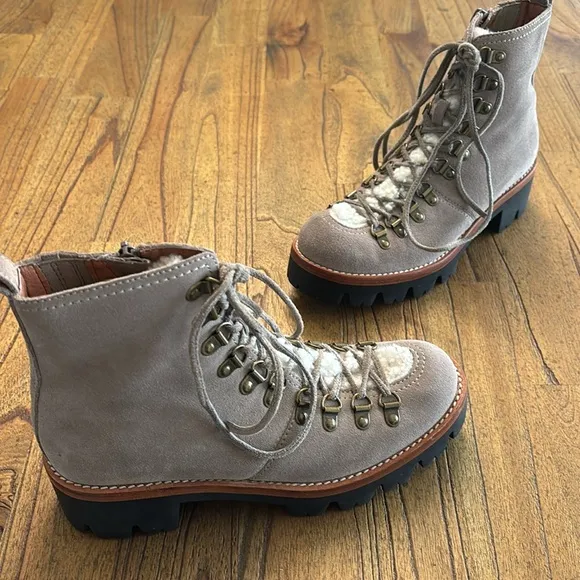 [New] Jeffrey Campbell (8) Culvert Sherpa Taupe &amp; Ivory Shearling Combat Boots