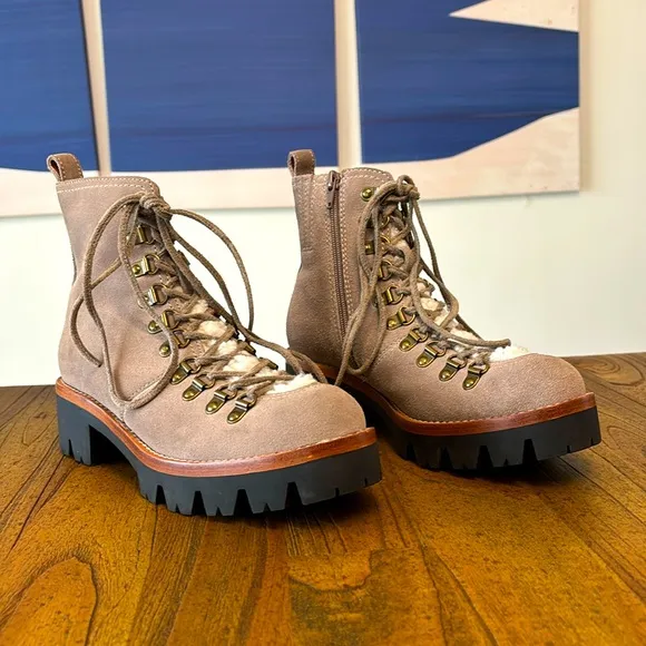 [New] Jeffrey Campbell (8) Culvert Sherpa Taupe &amp; Ivory Shearling Combat Boots
