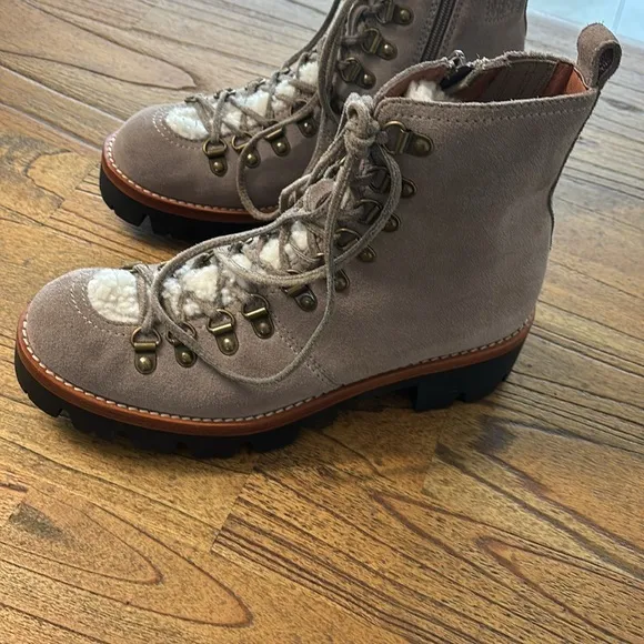 [New] Jeffrey Campbell (8) Culvert Sherpa Taupe &amp; Ivory Shearling Combat Boots