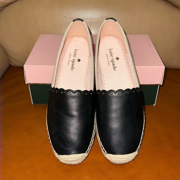 🔥🔥🔥NEW Kate Spade Gardenia Black Natural/Black Leather Flats Espadrilles
