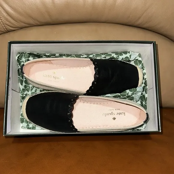 🔥🔥🔥NEW Kate Spade Gardenia Black Natural/Black Leather Flats Espadrilles