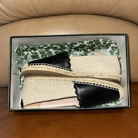 🔥🔥🔥NEW Kate Spade Gardenia Black Natural/Black Leather Flats Espadrilles
