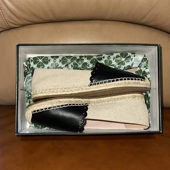 🔥🔥🔥NEW Kate Spade Gardenia Black Natural/Black Leather Flats Espadrilles