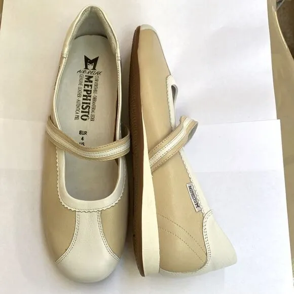 New Mephisto Genuine Leather Mary Jane Flats Cream White