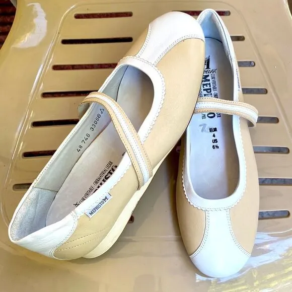 New Mephisto Genuine Leather Mary Jane Flats Cream White