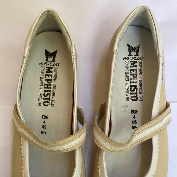 New Mephisto Genuine Leather Mary Jane Flats Cream White