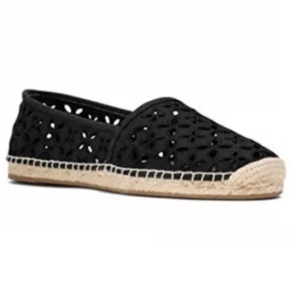 New Michael Kors Darci Black Eyelet Canvas Espadrilles Flat Shoe Slip On Sz 9.5