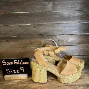 New NIB Womens Sam Edelman Immie Ankle Strap Tan Suede Heeled Sandals Size 9 M‎