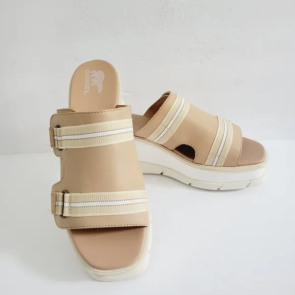 New Sorel Joanie Slip-On Platform Wedge Slide Beige Sandals, Size 9,5