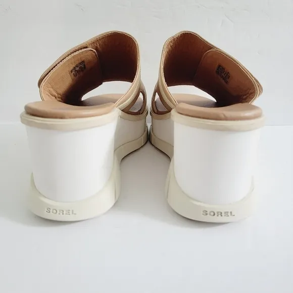 New Sorel Joanie Slip-On Platform Wedge Slide Beige Sandals, Size 9,5
