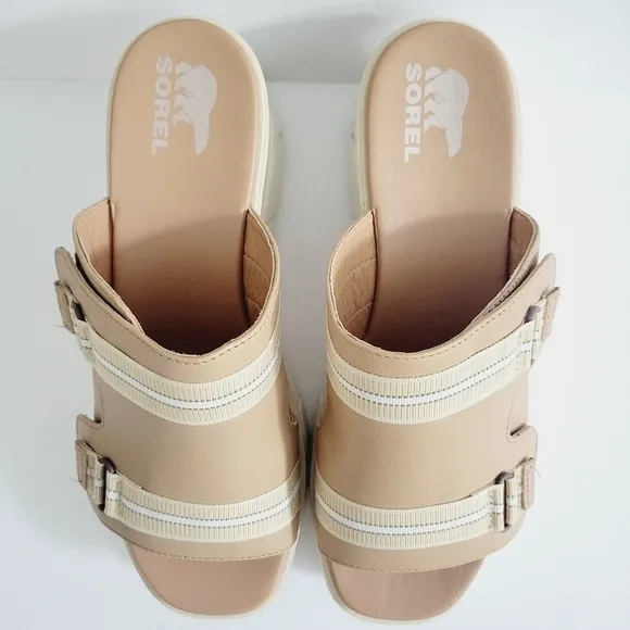 New Sorel Joanie Slip-On Platform Wedge Slide Beige Sandals, Size 9,5