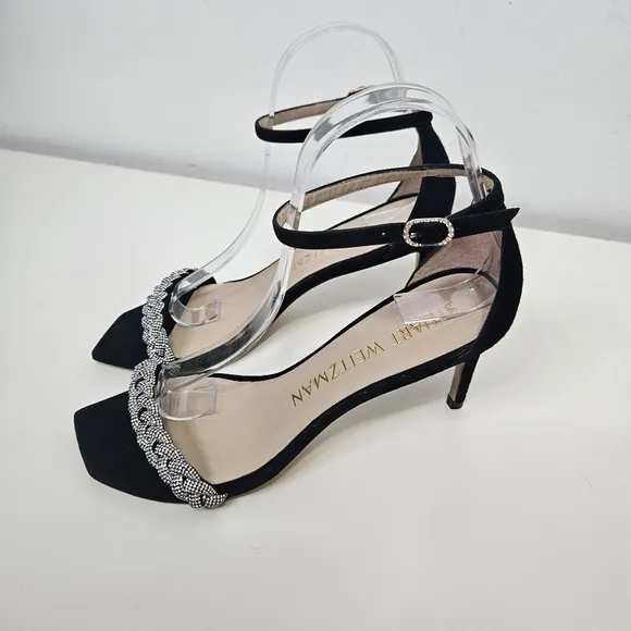 NEW Stuart Weitzman Nudistcurve 75 Embellished Ankle-Strap Sandals 7 Black