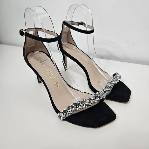 NEW Stuart Weitzman Nudistcurve 75 Embellished Ankle-Strap Sandals 7 Black