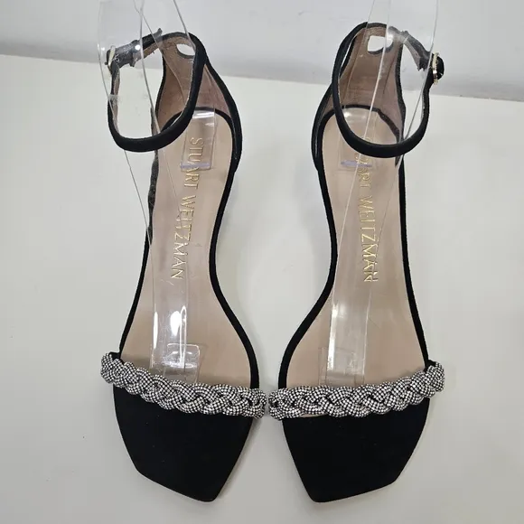 NEW Stuart Weitzman Nudistcurve 75 Embellished Ankle-Strap Sandals 7 Black