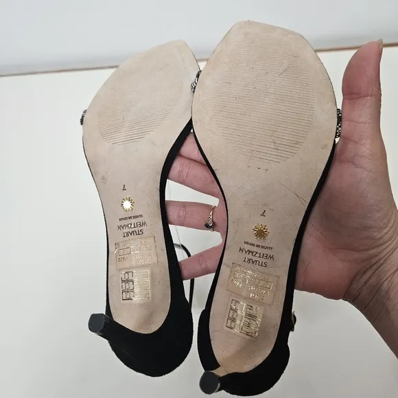 NEW Stuart Weitzman Nudistcurve 75 Embellished Ankle-Strap Sandals 7 Black