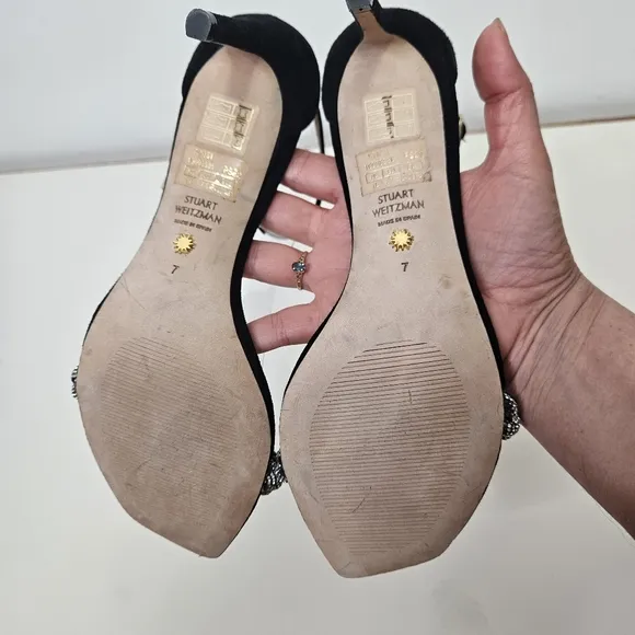 NEW Stuart Weitzman Nudistcurve 75 Embellished Ankle-Strap Sandals 7 Black