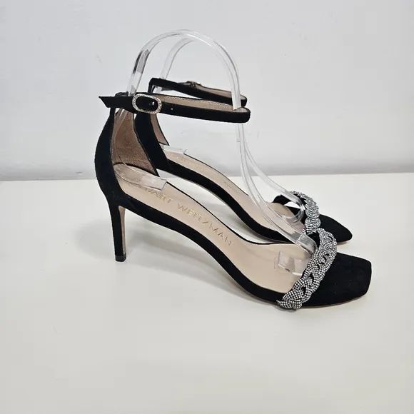NEW Stuart Weitzman Nudistcurve 75 Embellished Ankle-Strap Sandals 7 Black