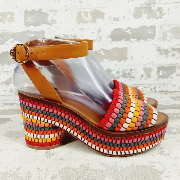 New Tory Burch Paloma Poppy Red Multi Tan Leather Ankle Strap Sandals O554