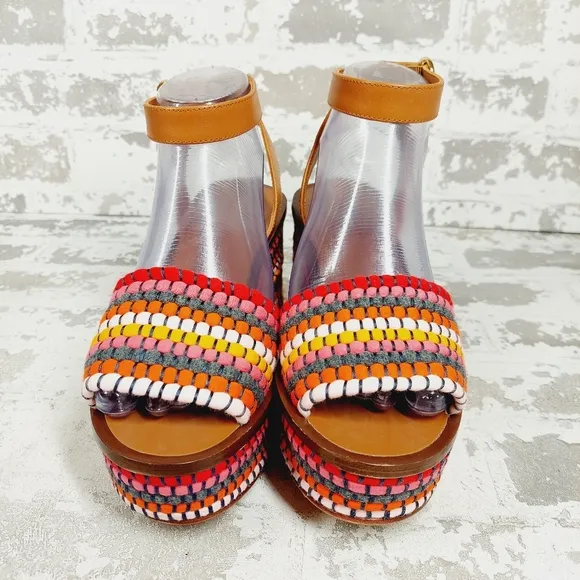 New Tory Burch Paloma Poppy Red Multi Tan Leather Ankle Strap Sandals O554