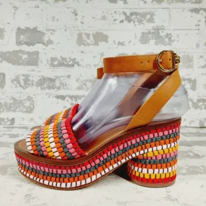 New Tory Burch Paloma Poppy Red Multi Tan Leather Ankle Strap Sandals O554