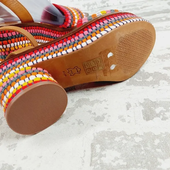 New Tory Burch Paloma Poppy Red Multi Tan Leather Ankle Strap Sandals O554