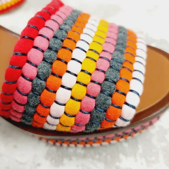 New Tory Burch Paloma Poppy Red Multi Tan Leather Ankle Strap Sandals O554