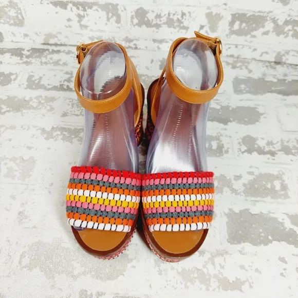 New Tory Burch Paloma Poppy Red Multi Tan Leather Ankle Strap Sandals O554