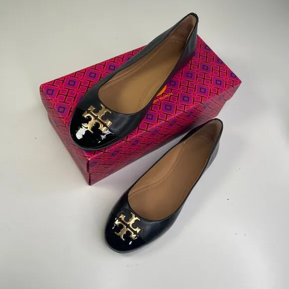New Tory Burch Womens Perfect Black Nappa Leather Everly Ballet Flats US Size 8