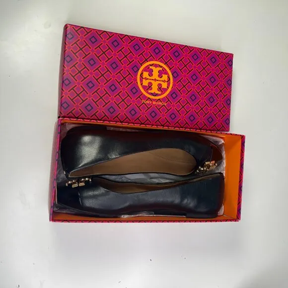 New Tory Burch Womens Perfect Black Nappa Leather Everly Ballet Flats US Size 8