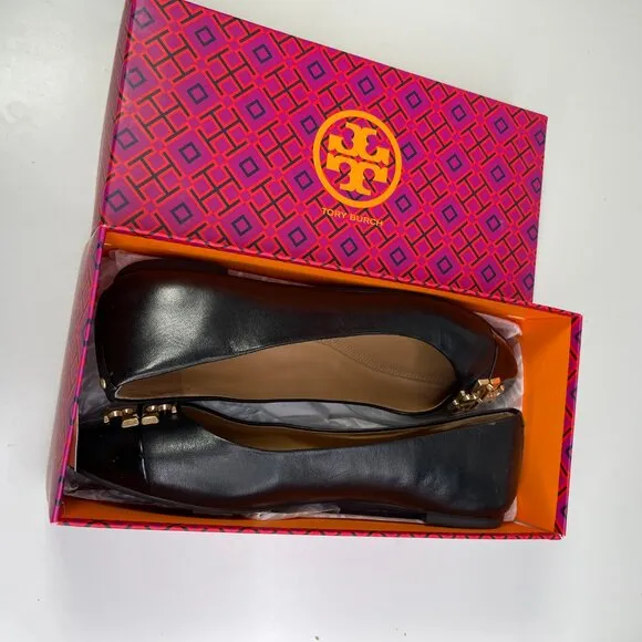 New Tory Burch Womens Perfect Black Nappa Leather Everly Ballet Flats US Size 8