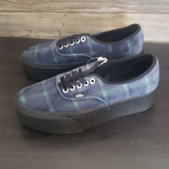 New Vans Authentic Stacked Velvet Plaid Platform Blue Black Sneakers