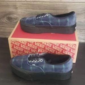 New Vans Authentic Stacked Velvet Plaid Platform Blue Black Sneakers