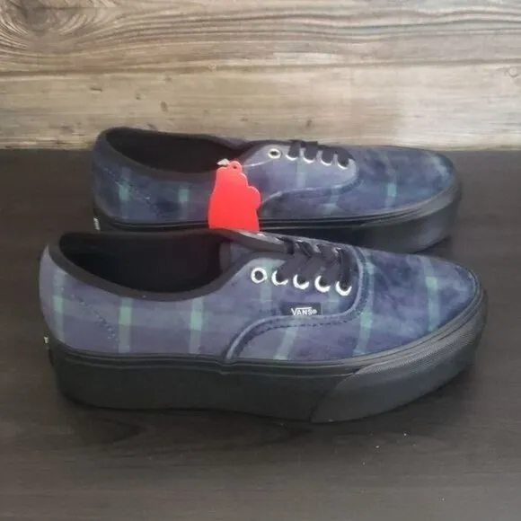 New Vans Authentic Stacked Velvet Plaid Platform Blue Black Sneakers